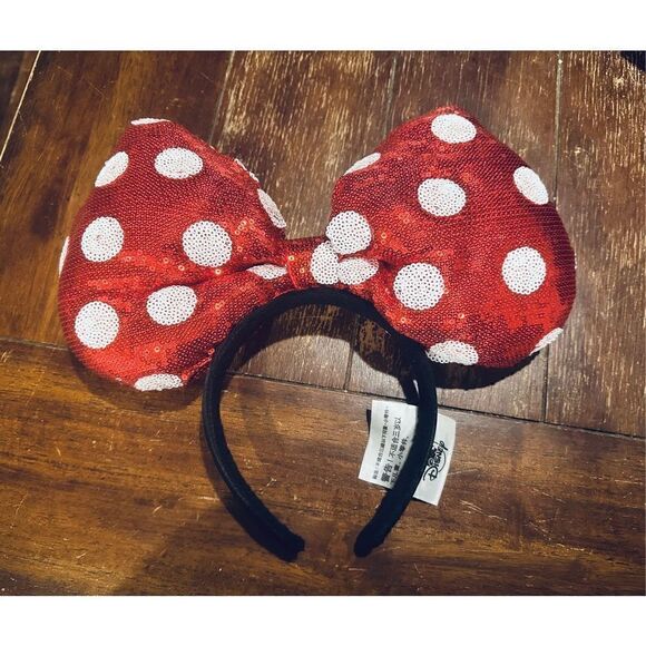 Disney Minnie Mouse Large Sequined aRed Polka Dot Bow Headband - Picture 1 of 6